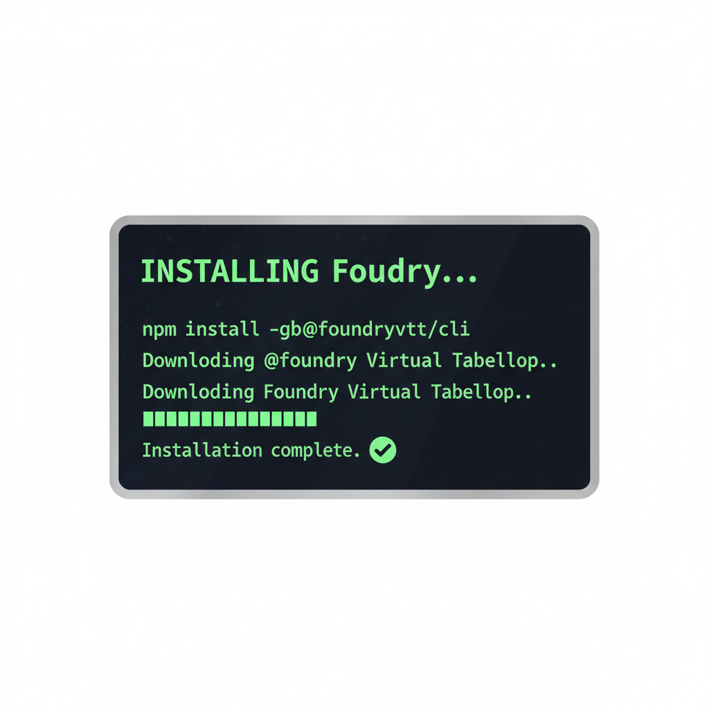 sleek terminal screen installing Foundry on dark background, code lines glowing green