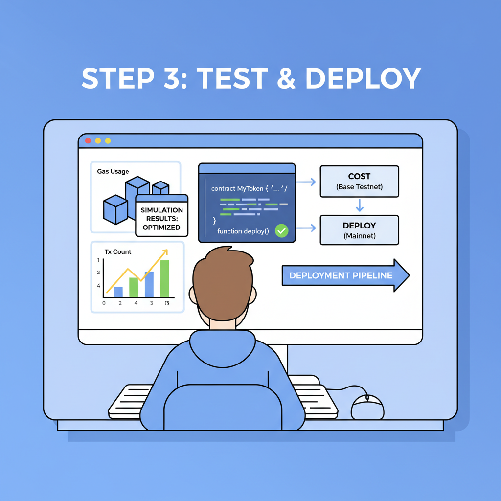 Developer testing smart contracts on Base testnet, charts and simulations, deployment pipeline
