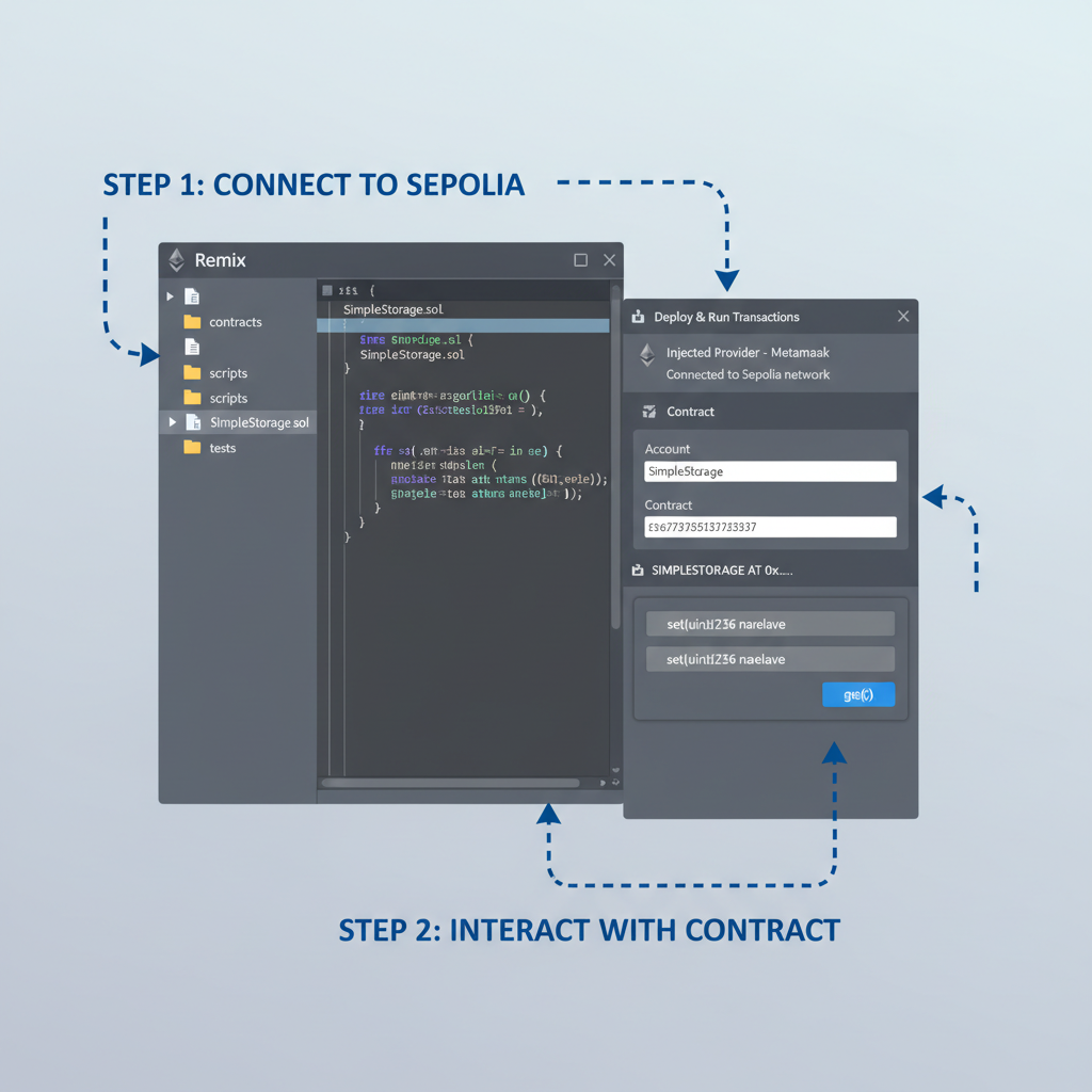 Remix IDE interface connected to Sepolia, contract interaction panel active