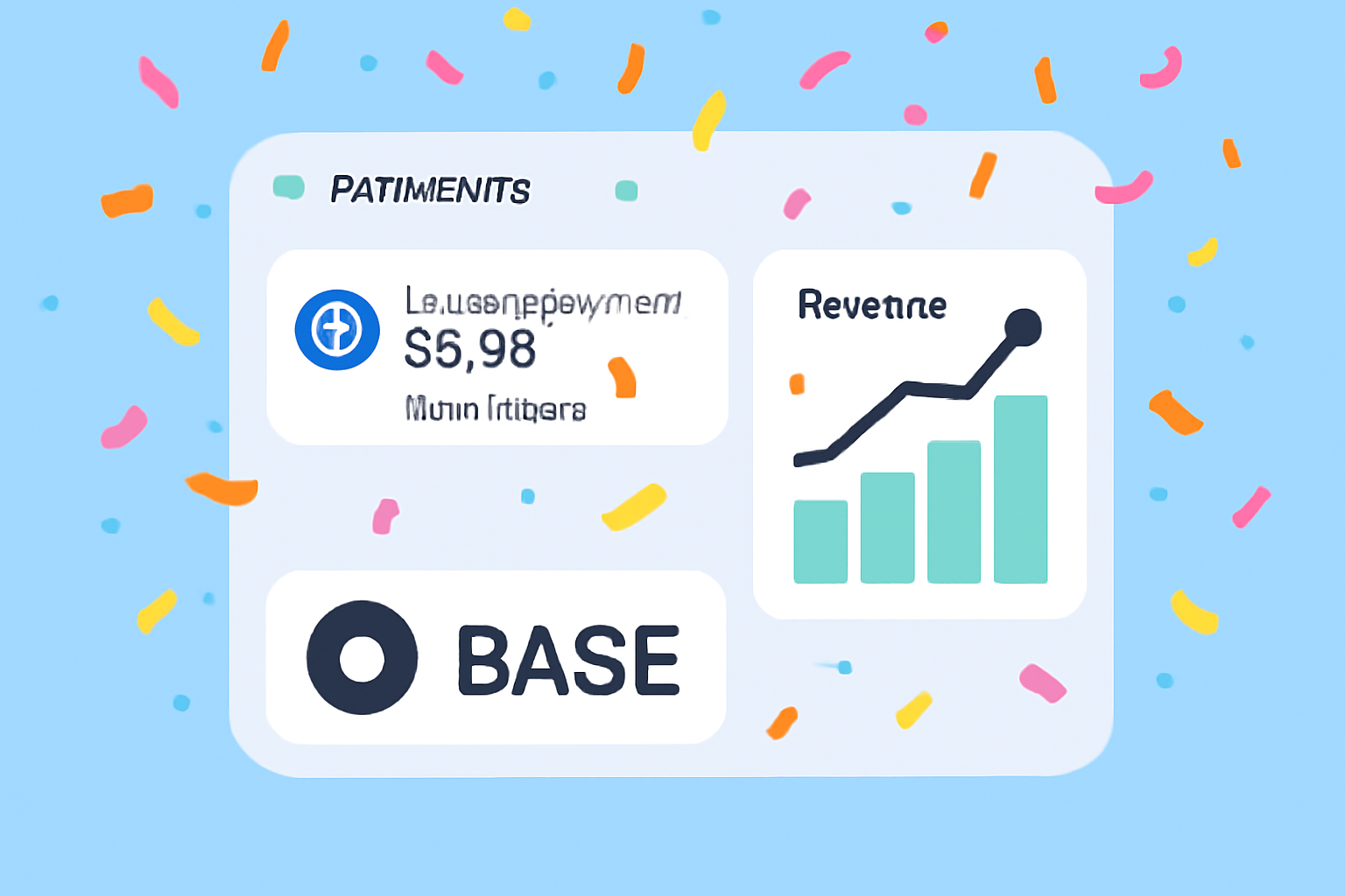 Live dashboard with incoming USDC subscription payments, revenue graphs rising, celebratory confetti on Base chain