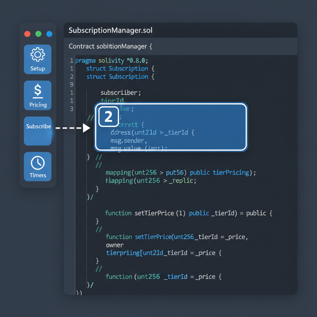 Solidity code defining Subscription struct and tier pricing mapping, clean dark editor, blue syntax highlight