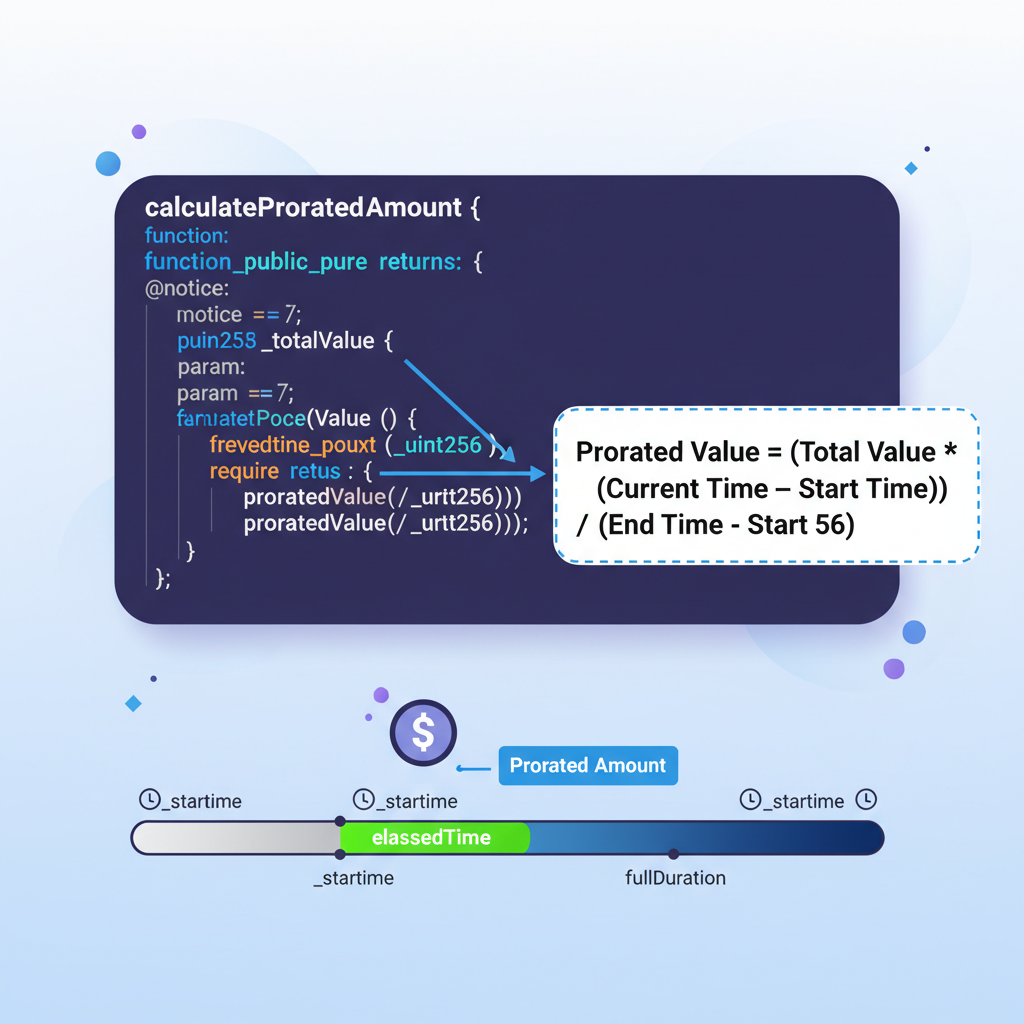 Solidity function calculating proration with timestamp math, formula overlay, code syntax highlight
