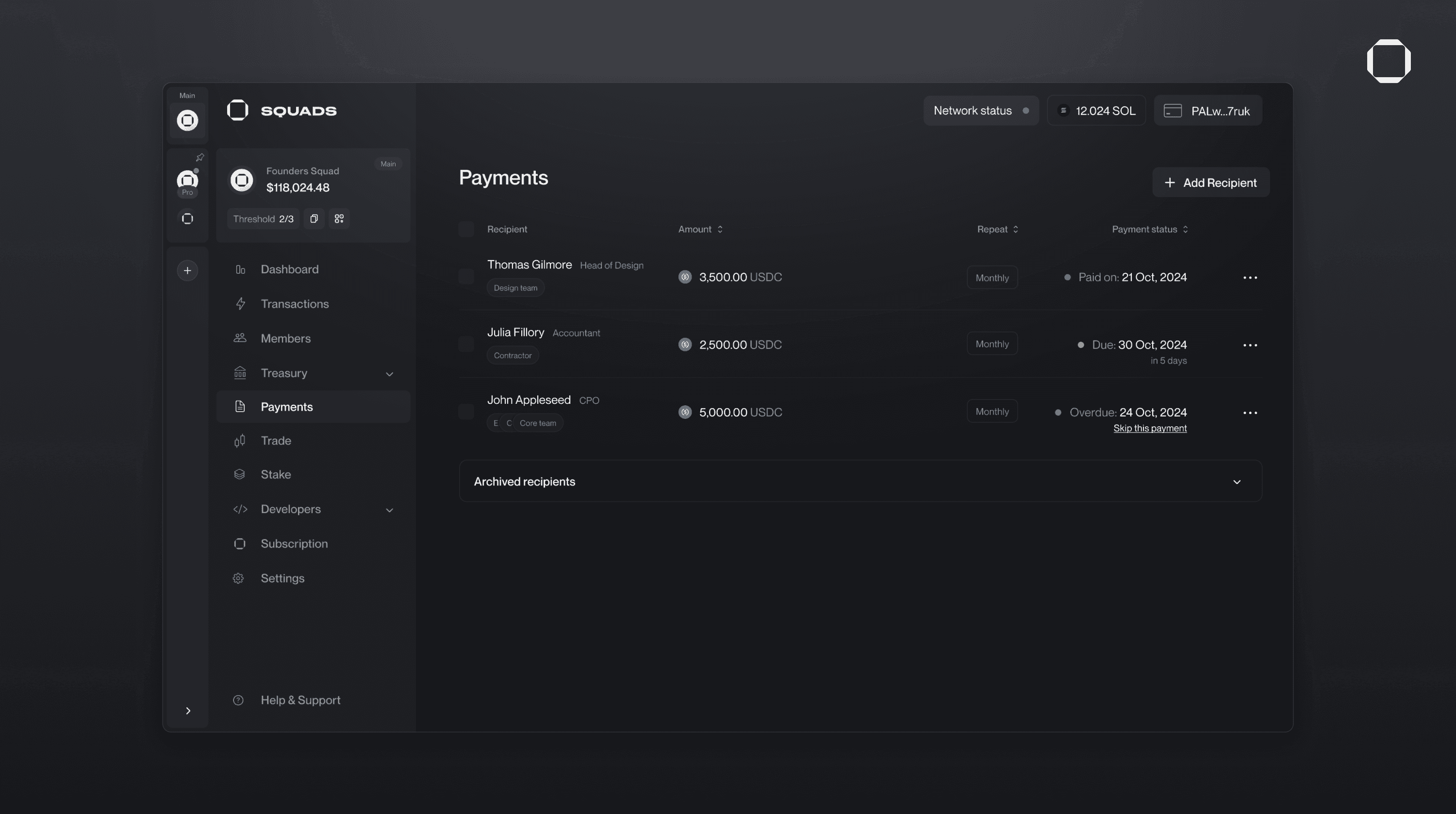 Squads smart accounts onchain subscriptions