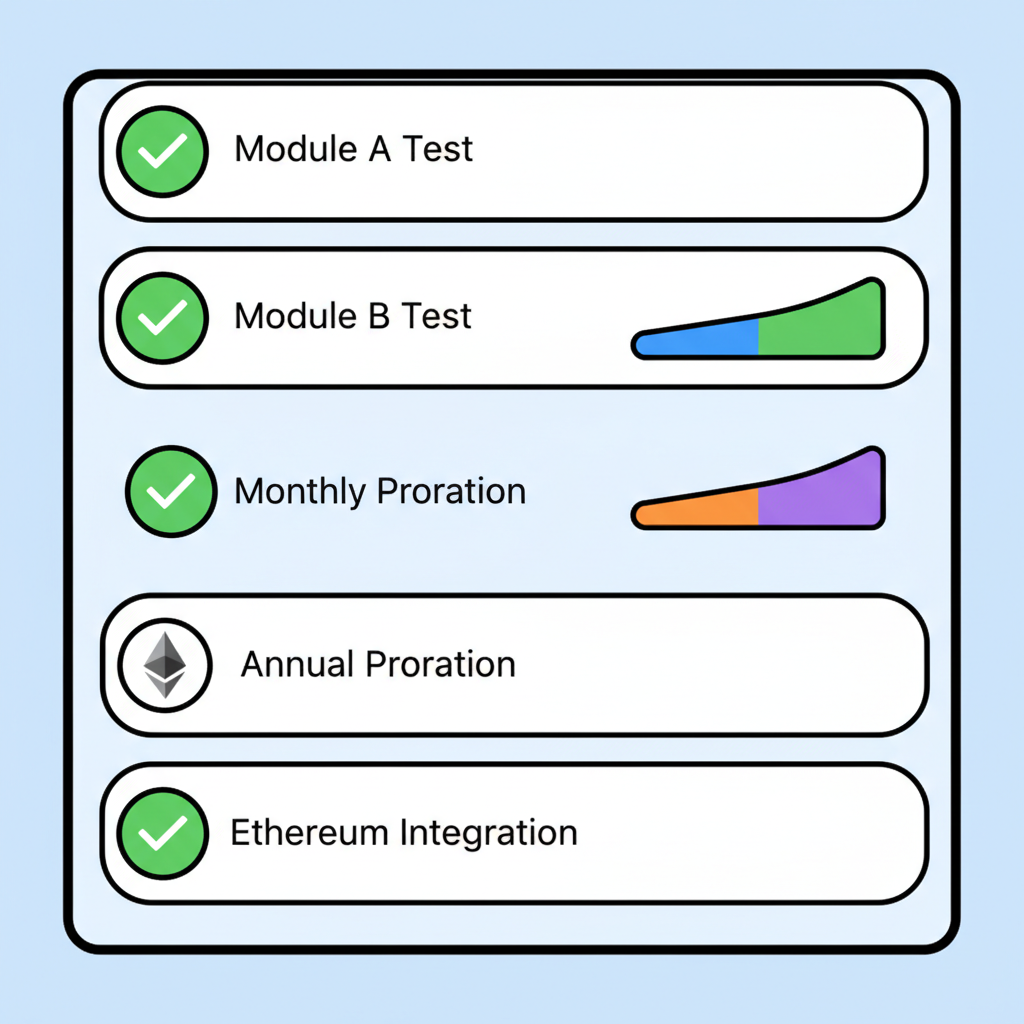 testing dashboard with green checkmarks, proration simulation charts, Ethereum
