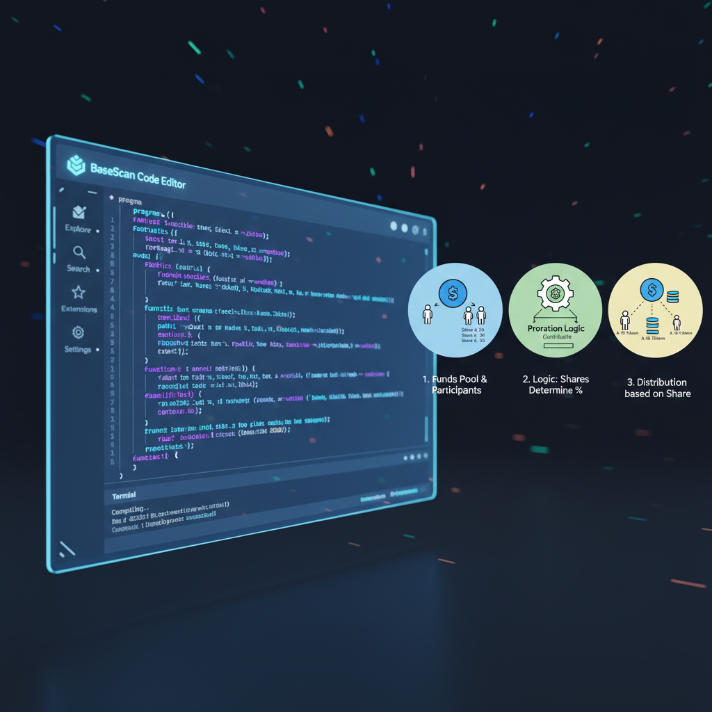 Solidity smart contract code for proration logic on Base blockchain, clean code editor, futuristic UI