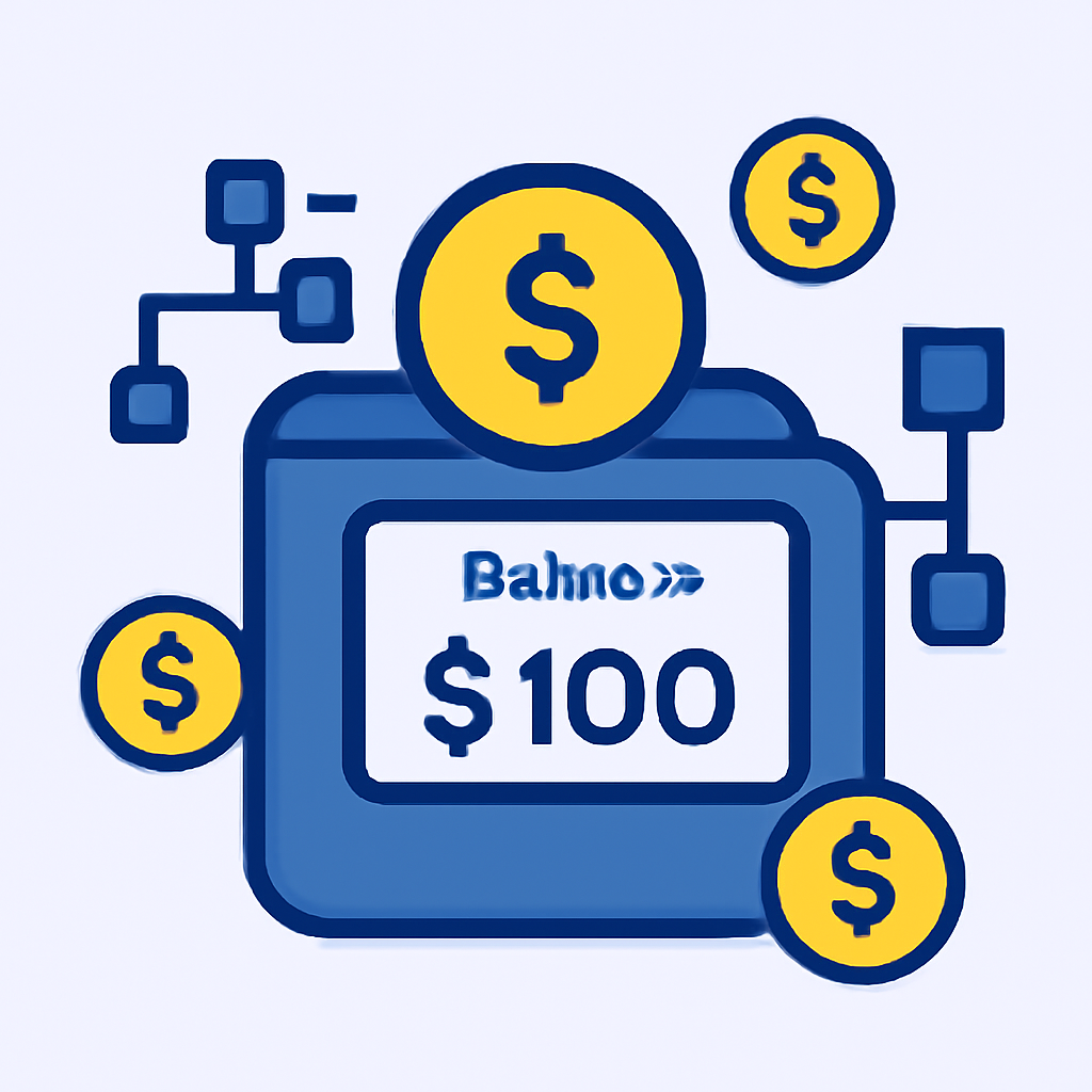 A digital wallet showing a stablecoin balance, with dollar symbols and blockchain elements surrounding it.