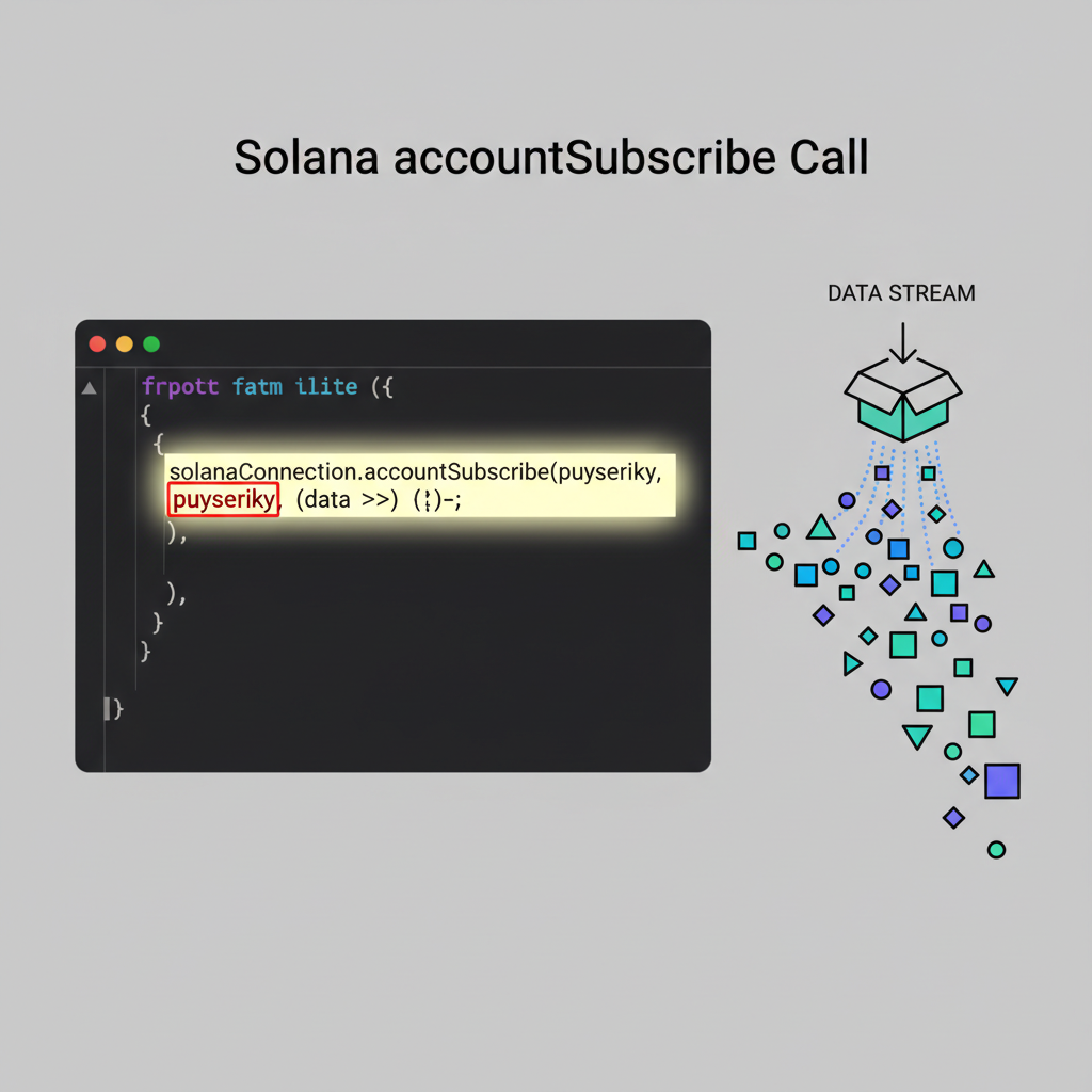 Code snippet showing Solana accountSubscribe call, public key highlighted, incoming data stream visualization