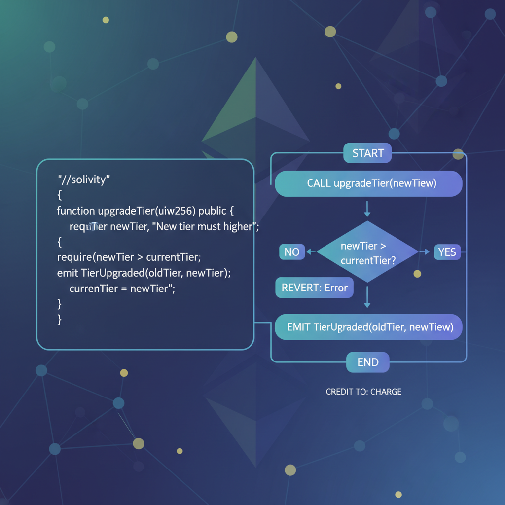 Solidity upgradeTier function code snippet, flow diagram credit to charge, Ethereum blockchain background