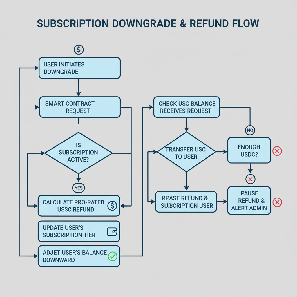 ethereum smart contract handling subscription downgrade, USDC refund flow, balance adjusting downward, clean UI flowchart
