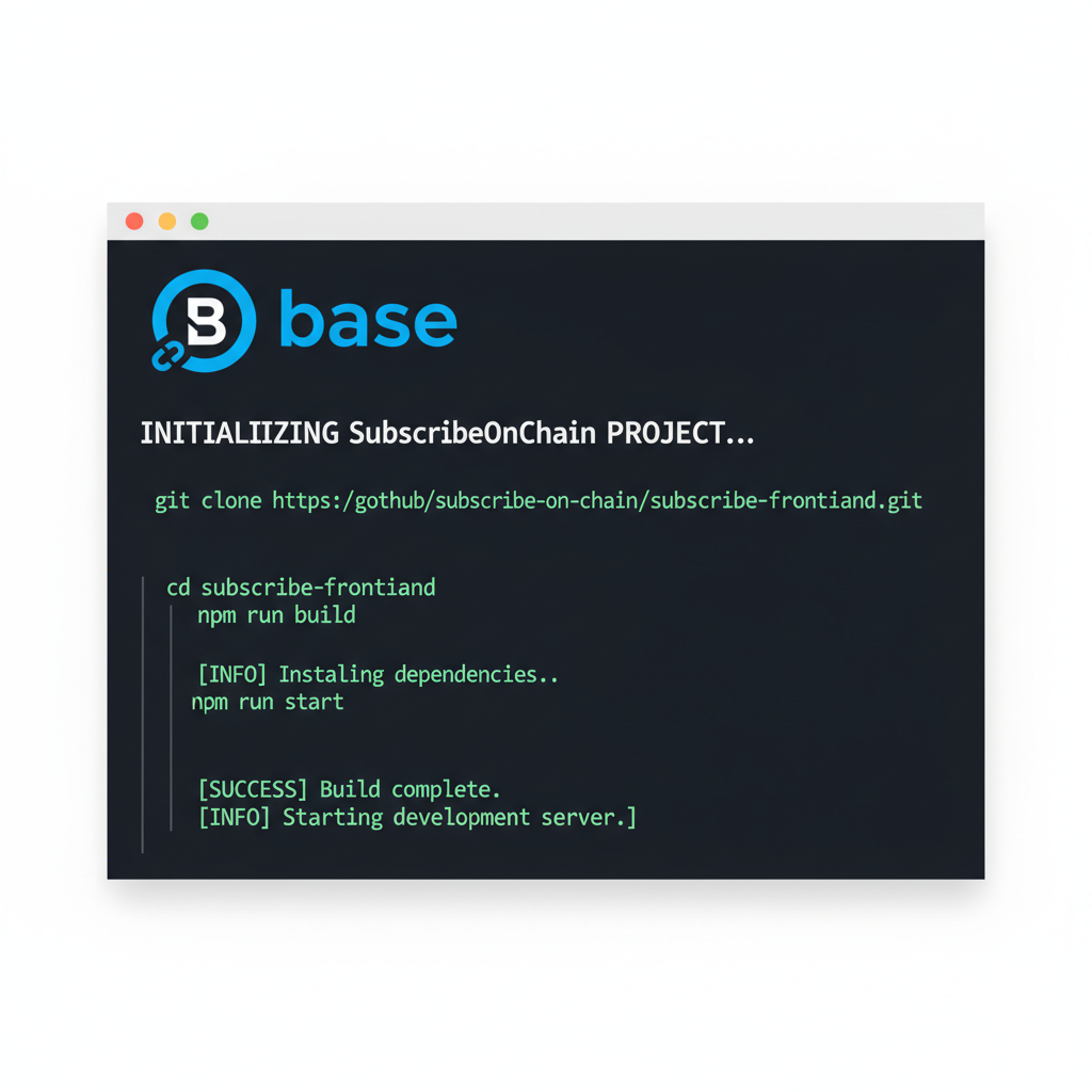 command line terminal initializing SubscribeOnChain project, code scrolling, Base logo prominent