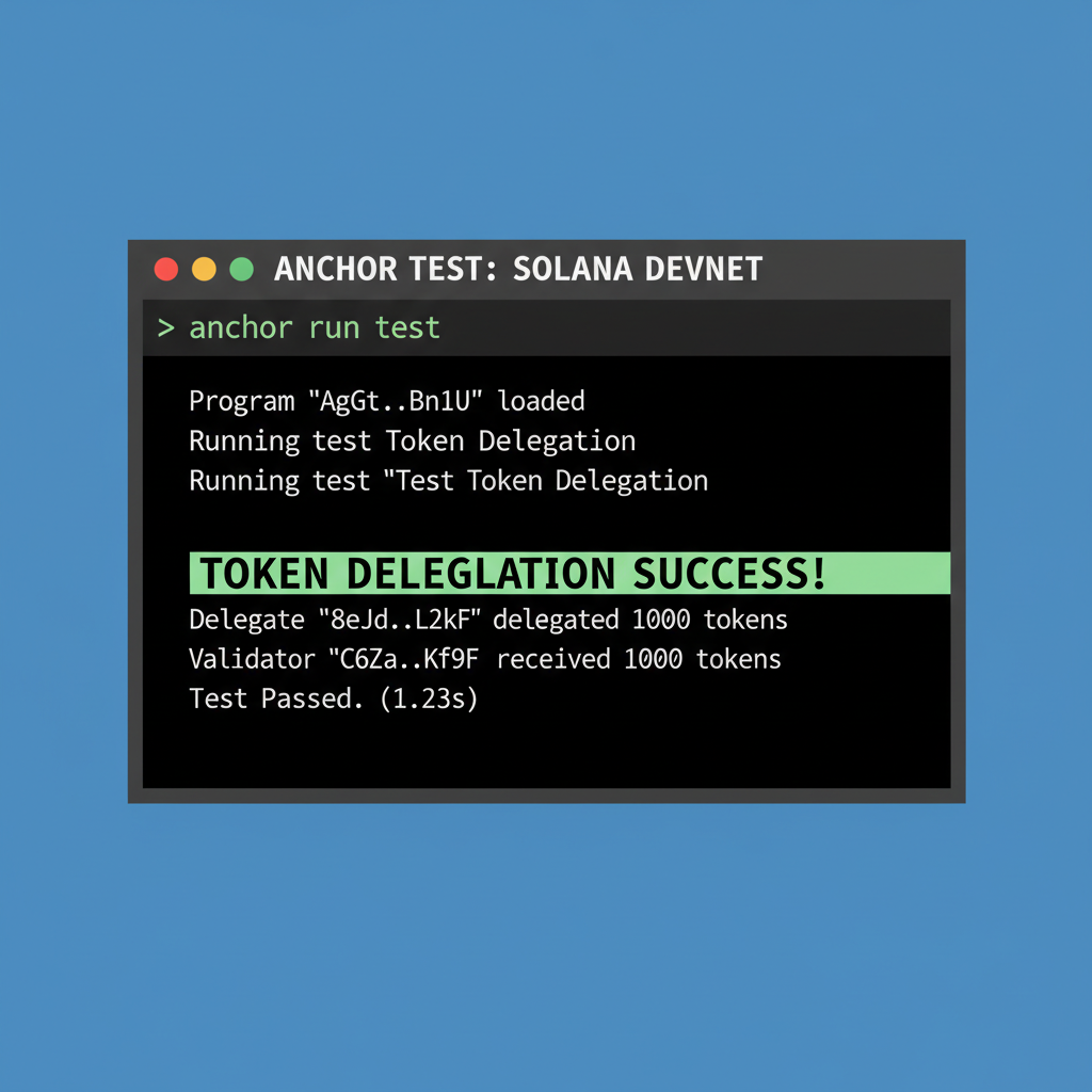 Anchor test terminal output on Solana devnet, token delegation success logs, charts showing proration calculations