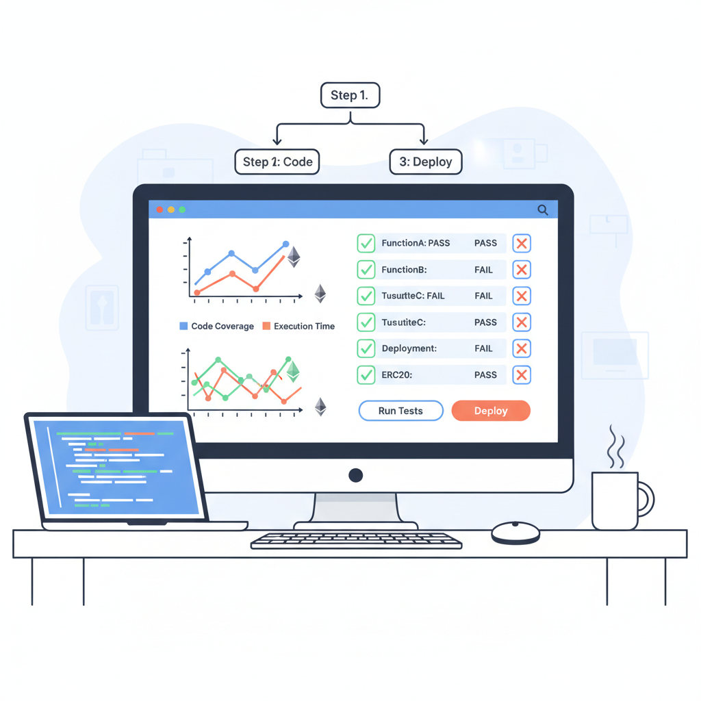 testing ethereum smart contract suite, graphs and pass/fail checks, developer workstation