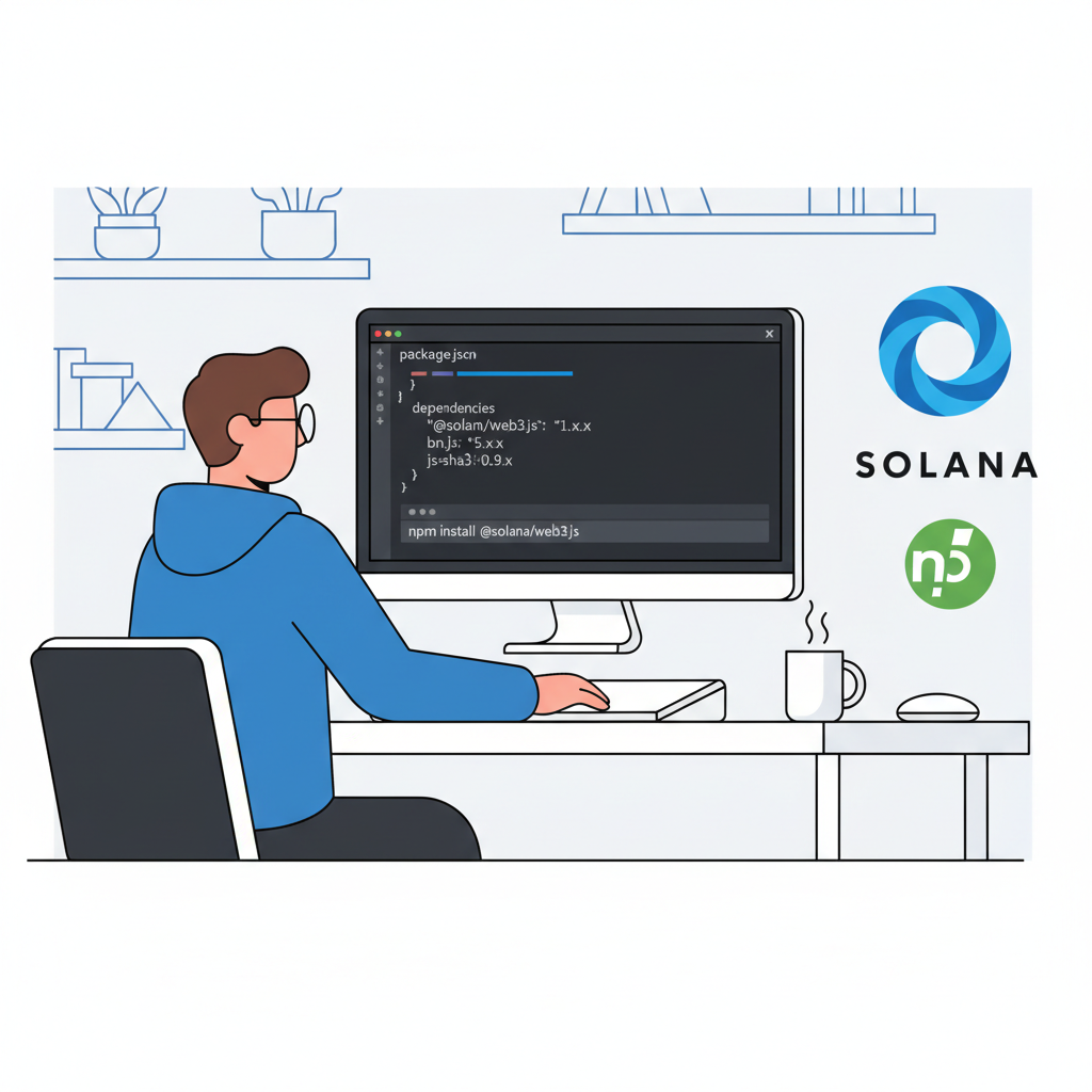 Node.js developer setting up Solana Web3.js project, code editor with dependencies, blue Solana logo, clean tech workspace