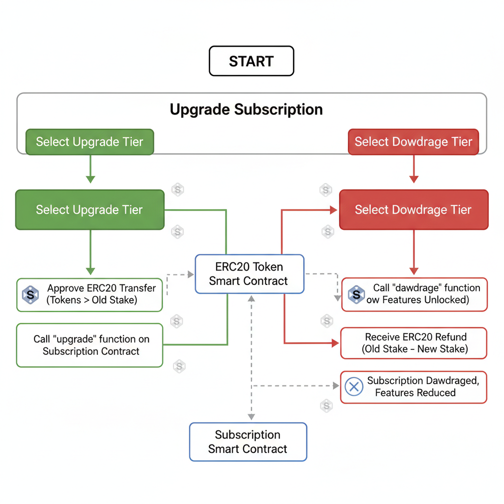 Flowchart upgrade downgrade subscription ERC20 transfer, Solidity icons, green red arrows