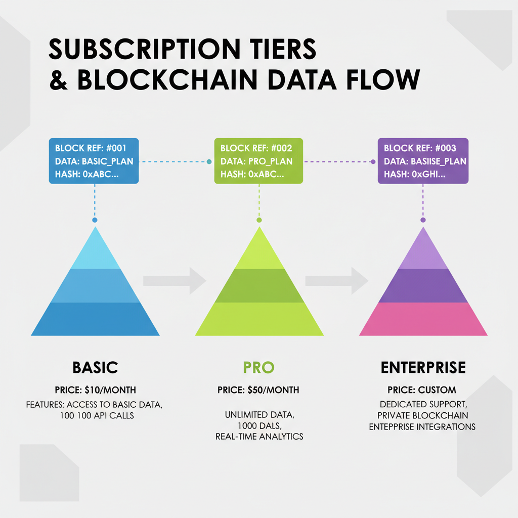 colorful subscription plan tiers diagram with pricing metadata, blockchain structs visualization, tiered pyramids