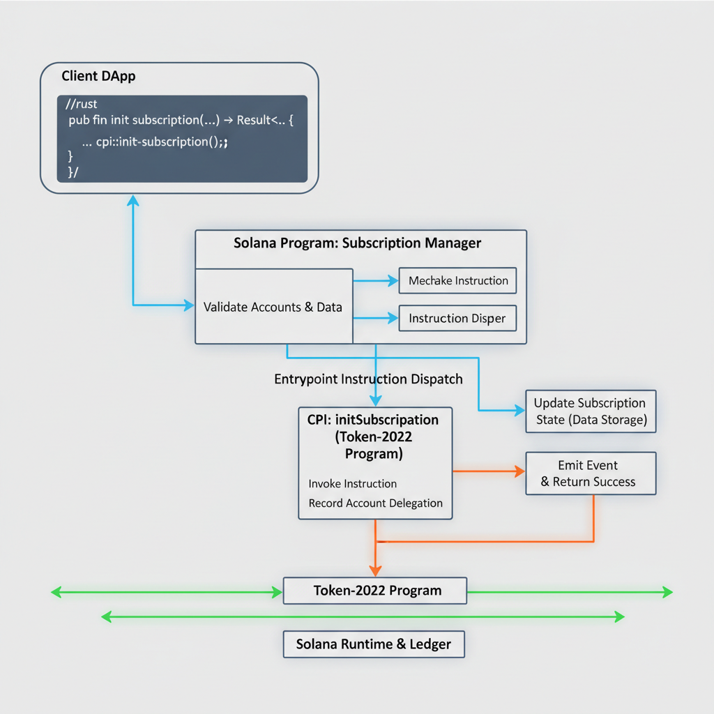 Anchor Rust code executing initSubscription CPI, Solana program flowchart, glowing transaction arrows