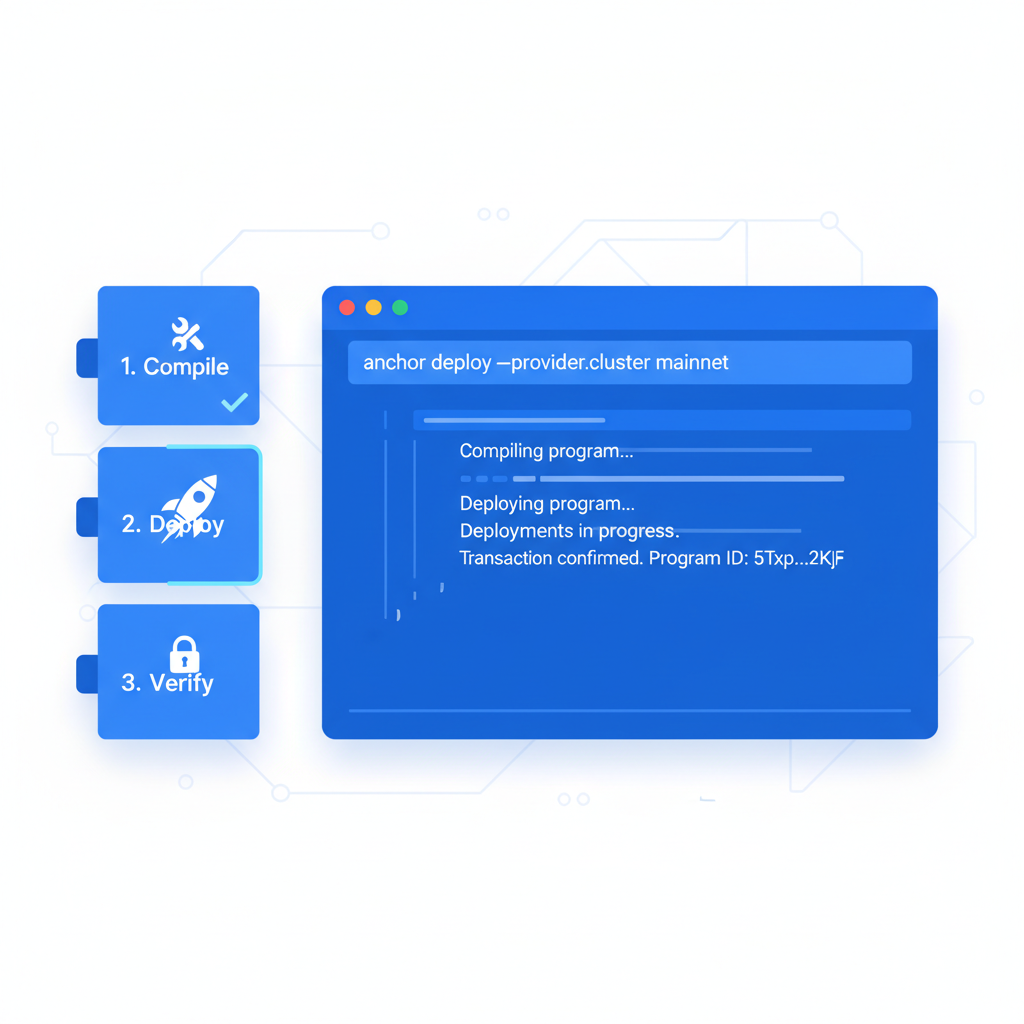 Solana blockchain smart contract deployment, terminal code running anchor deploy, futuristic blue UI dashboard
