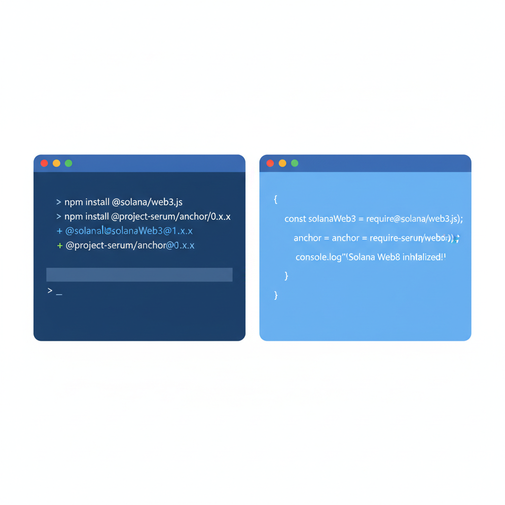 Node.js terminal with Solana web3.js installation commands, clean code editor background, tech blue tones