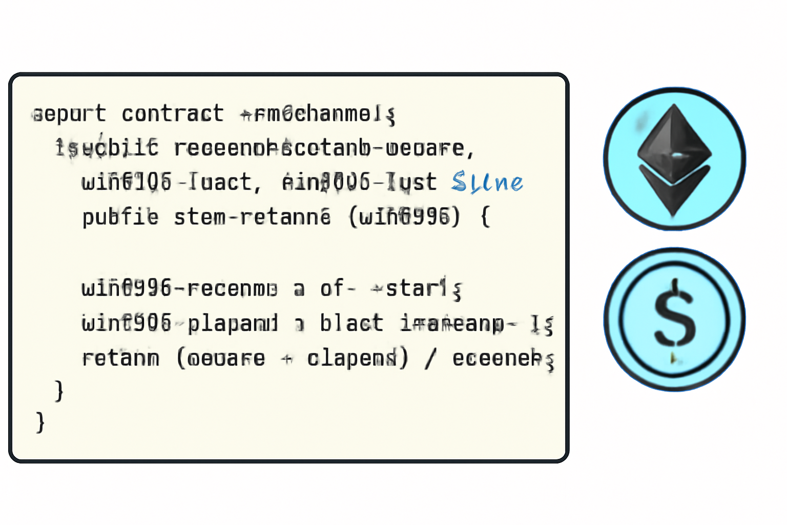 Smart contract code snippet with proration math formulas, clock ticking seconds, ETH and USDC icons