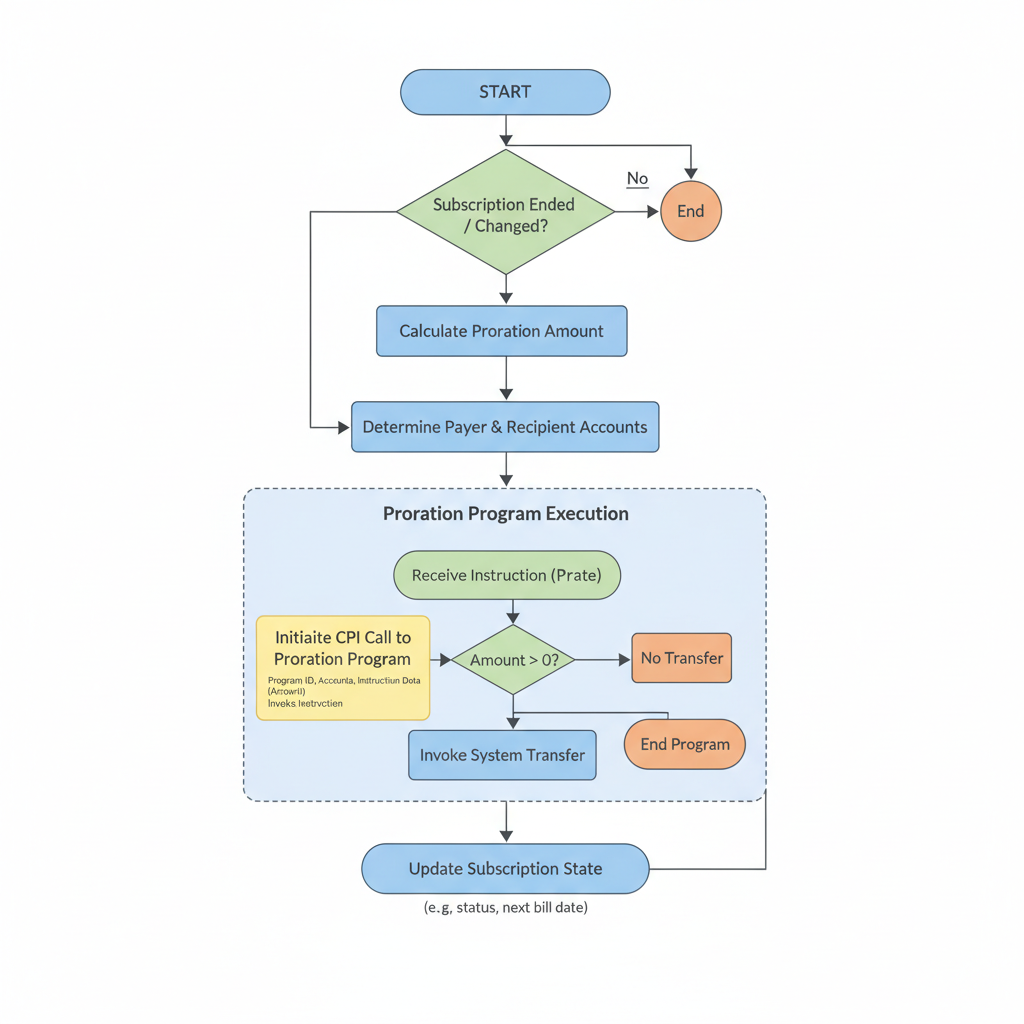 Rust code implementing Solana CPI for subscription proration, flowchart of logic