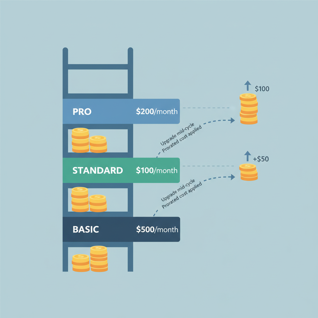 Pricing tier ladder from basic to pro, $50 to $200 labels, proration arrows adjusting mid-cycle, coin stacks growing