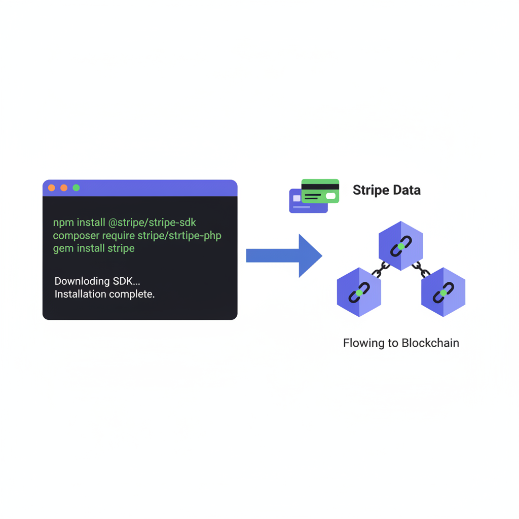 code terminal installing SDK with Stripe data flowing to blockchain nodes