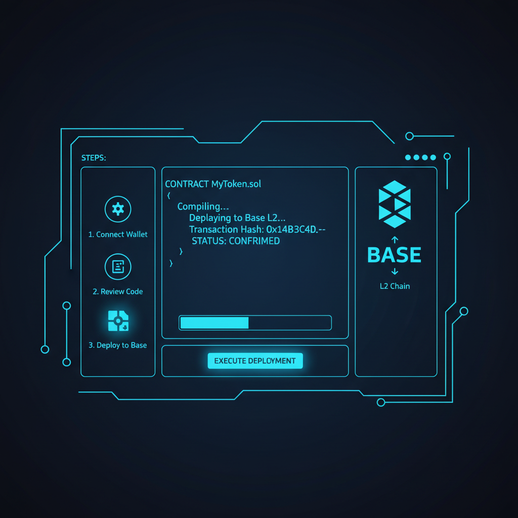 futuristic smart contract deployment interface on Base blockchain, code terminal deploying to L2 chain, neon blue tones